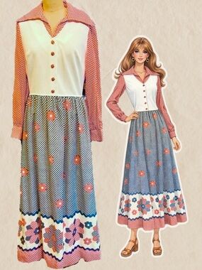 VINTAGE 70s Americana prairie long‎ maxi gown dress pointed dagger collar floral